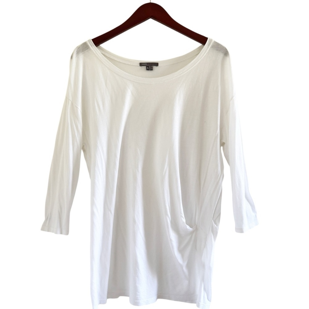 VINCE Pima Cotton Side Gathered Scoop Neck Top Size Small in Bright White